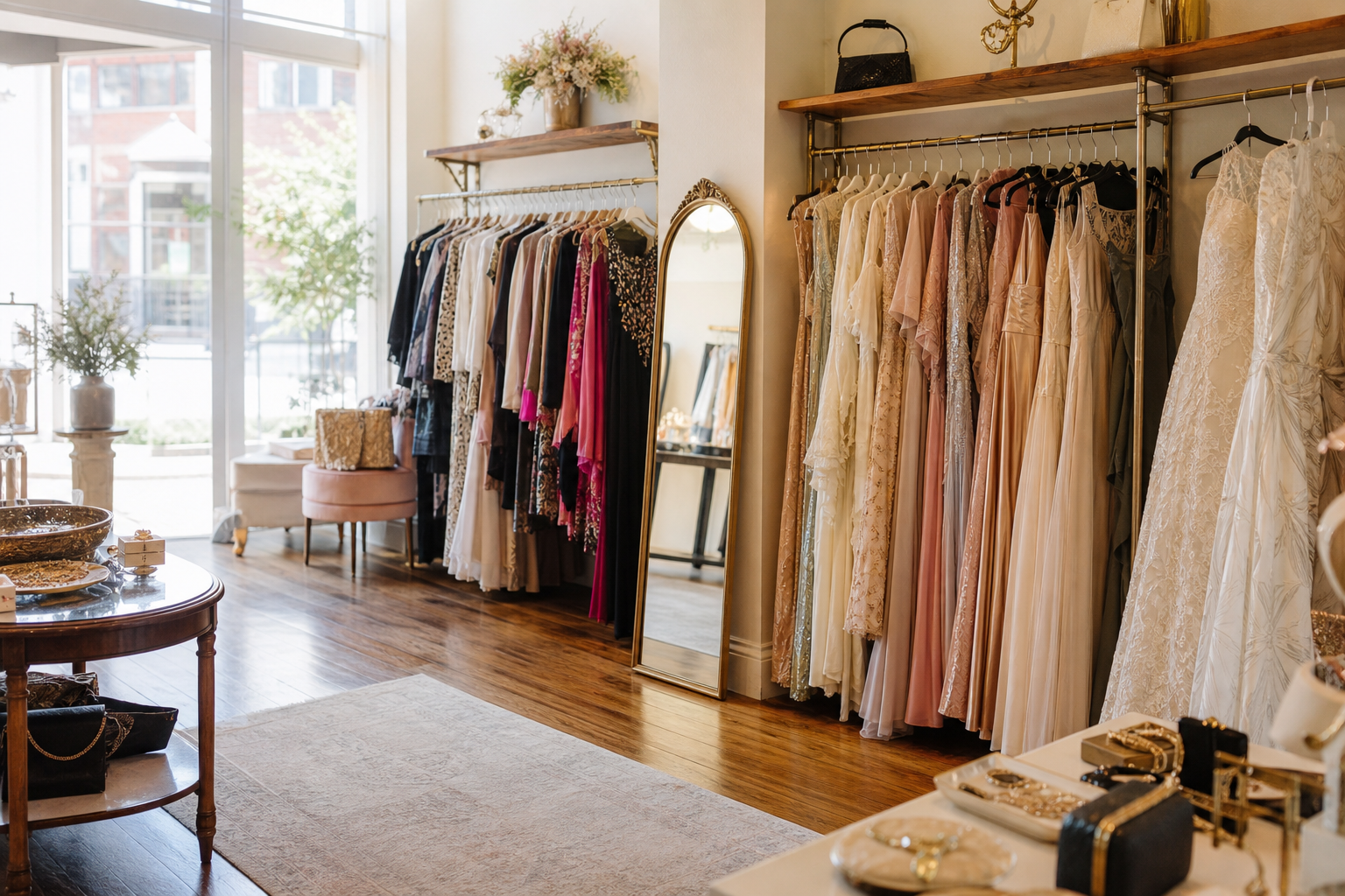 A warm boutique interior with dresses, accessories, and natural Main Street light