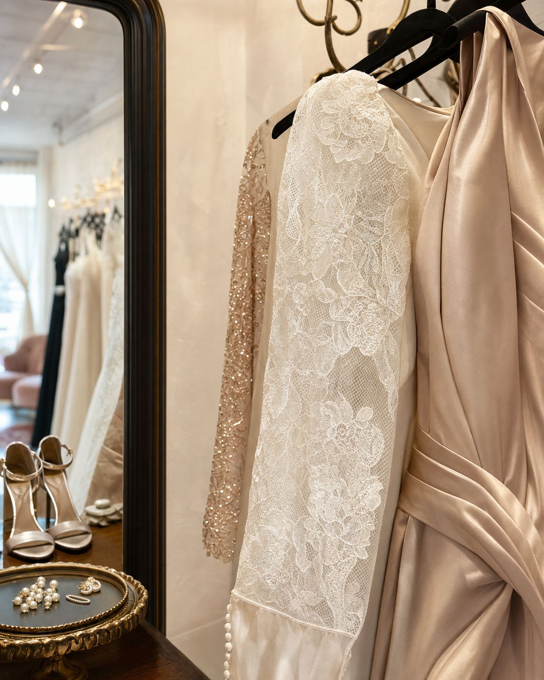 Lace wedding dress and champagne formal gown details in a boutique dressing area